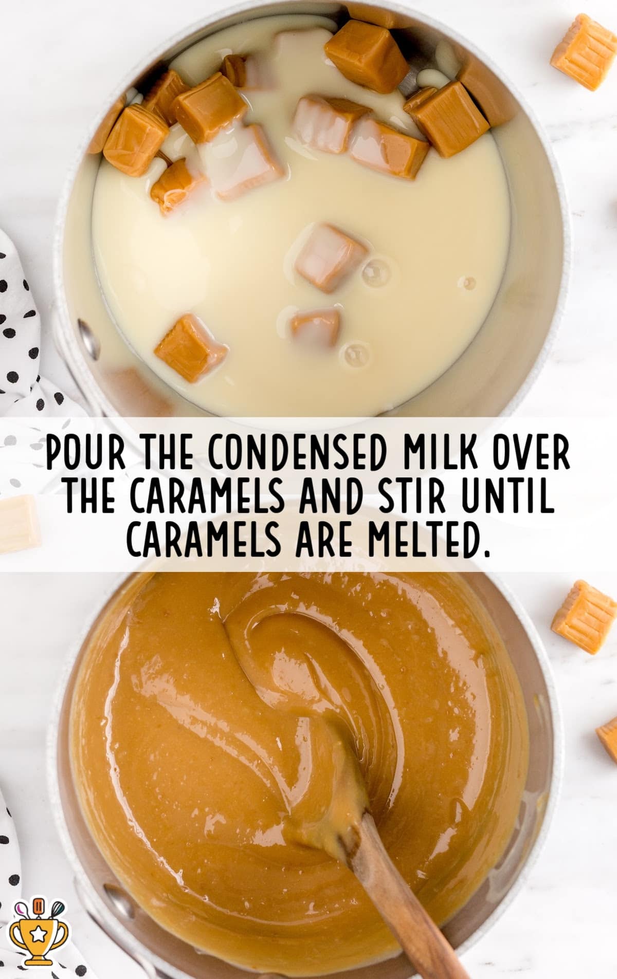 Saucepan with soft caramels and condensed milk melting together, stirred into a smooth caramel mixture.