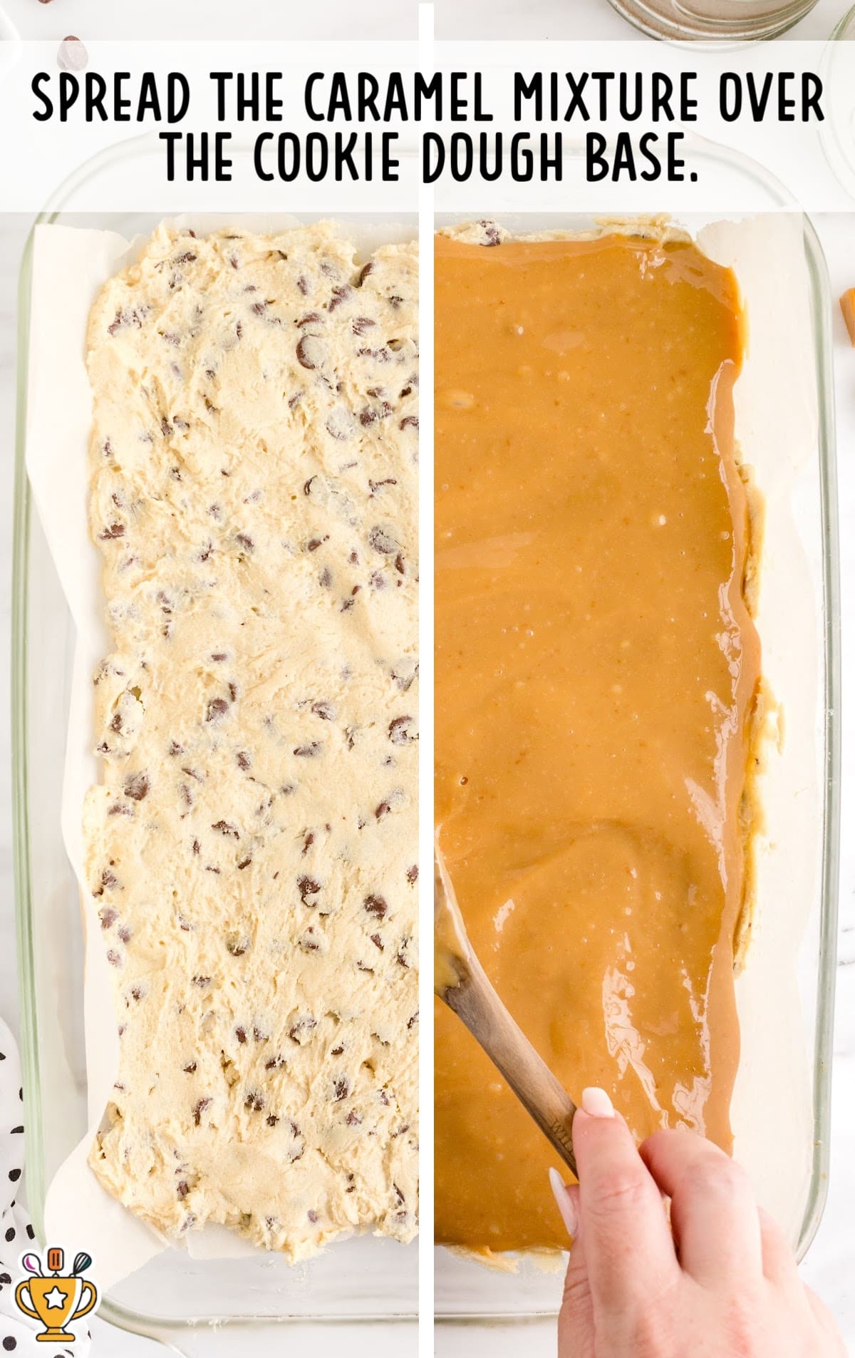Glass baking dish with cookie dough base on one side and caramel mixture spread evenly across on the other.