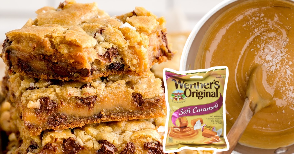 Stacked salted caramel chocolate chip cookie bars with gooey caramel and melted chocolate filling, next to Werther&rsquo;s Original caramels and melted caramel.