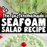 Two-photo vertical layout showing a creamy green slice of seafoam salad and the full molded dish with whipped cream and cherry topping.