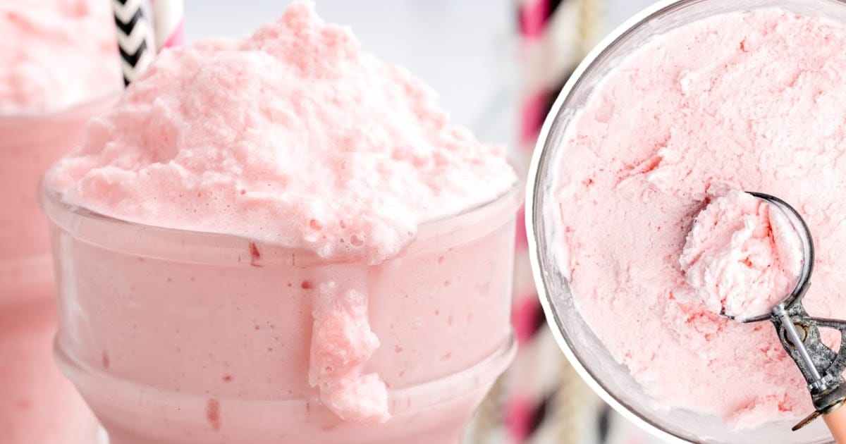 Two images side by side: one close-up of a frothy strawberry frosty in a glass, and another of a bowl of strawberry frosty with an ice cream scoop.