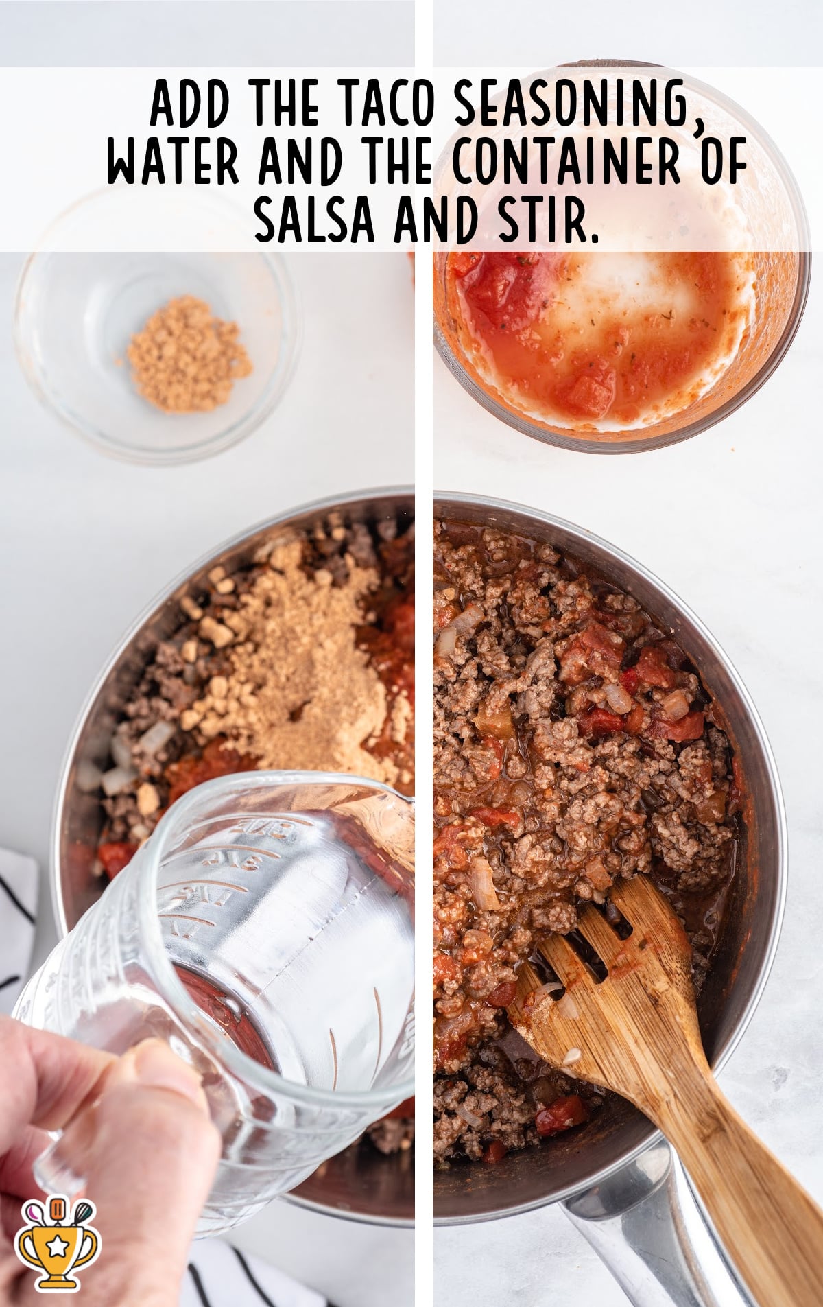 Side-by-side steps showing taco meat in a skillet with added seasoning, salsa, and water being poured in, then stirred together