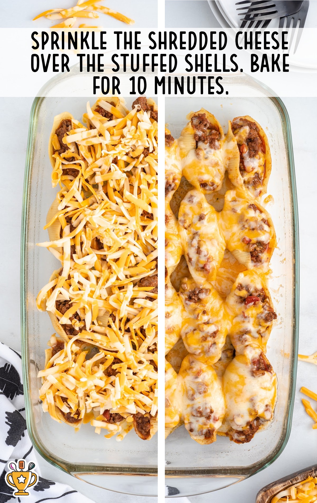 Side-by-side view of a baking dish filled with taco stuffed shells before and after baking, topped with shredded Colby Jack cheese.