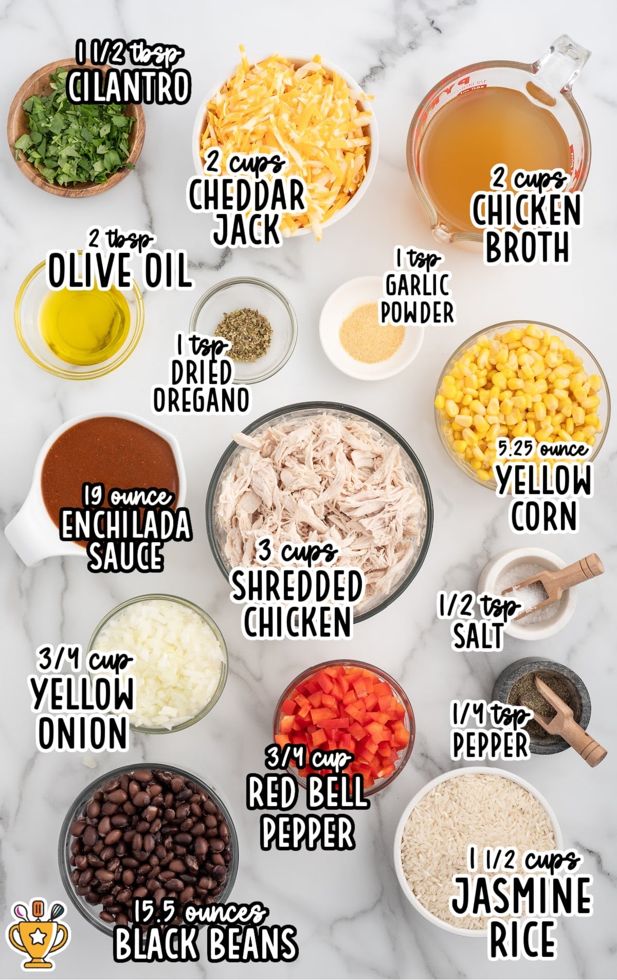Flat lay of ingredients for Mexican chicken and rice casserole including shredded chicken, enchilada sauce, black beans, corn, onion, bell pepper, rice, cheese, and seasonings.