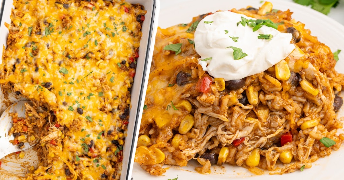 Large scoop of cheesy Mexican chicken and rice casserole lifted from baking dish with shredded chicken, peppers, beans, and corn.