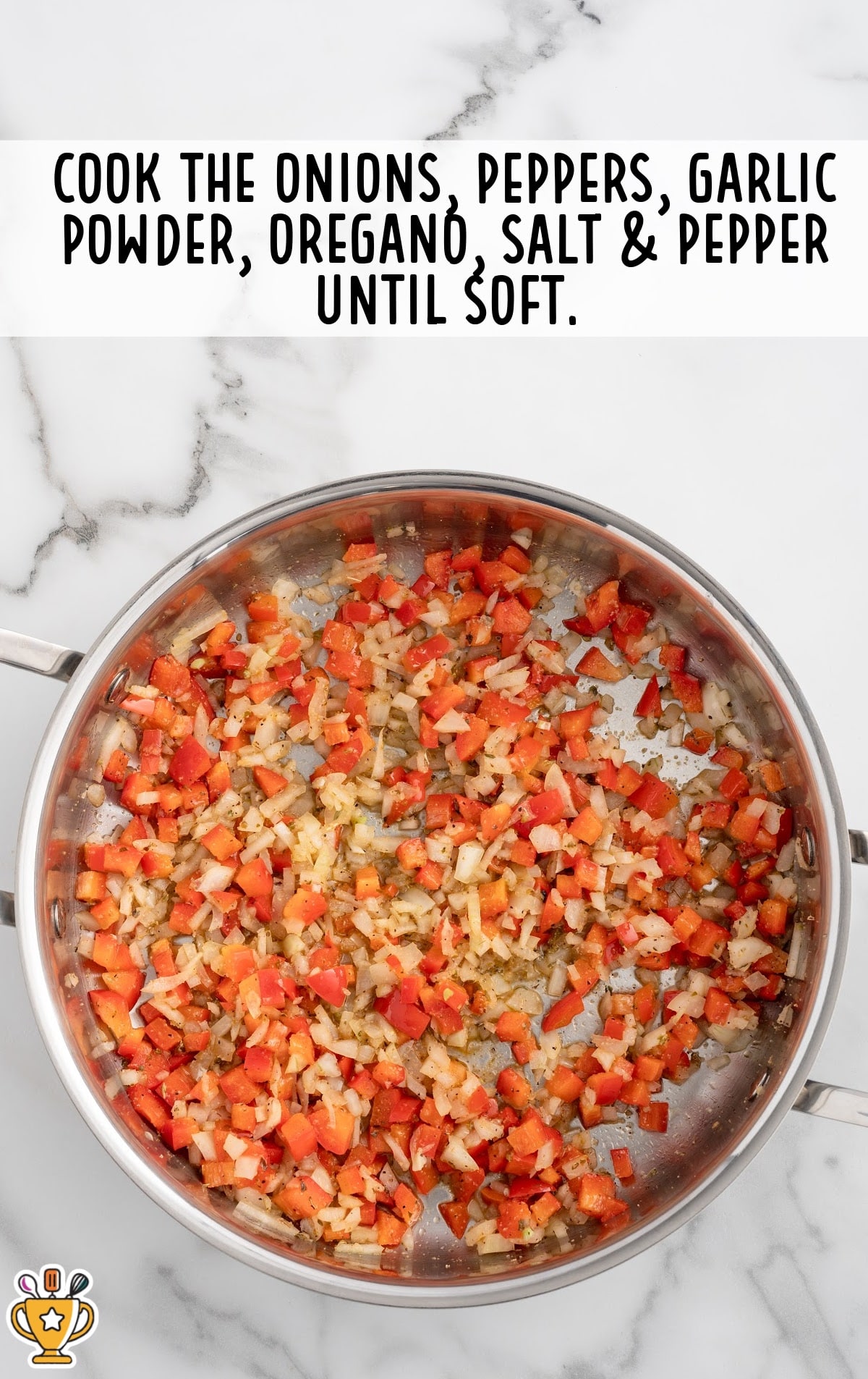 Onions and red bell peppers cooking in a skillet with garlic powder, oregano, salt, and pepper for Mexican chicken and rice casserole recipe.