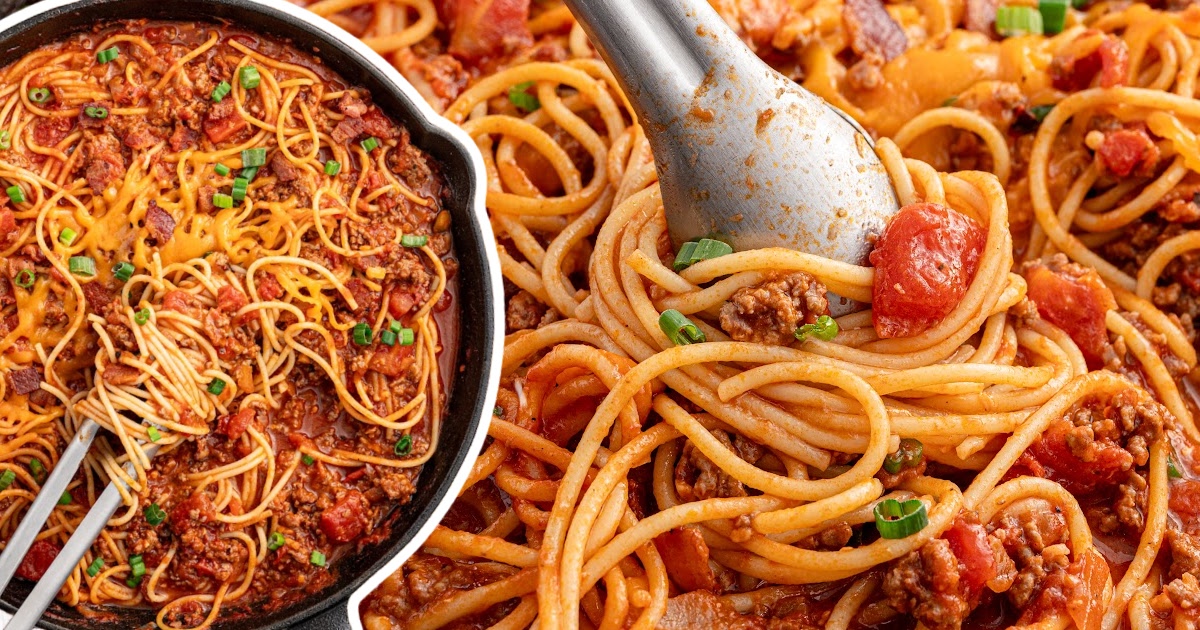 Split image of a cast iron skillet filled with cheesy cowboy spaghetti on one side, and a close-up of tongs lifting saucy noodles on the other.