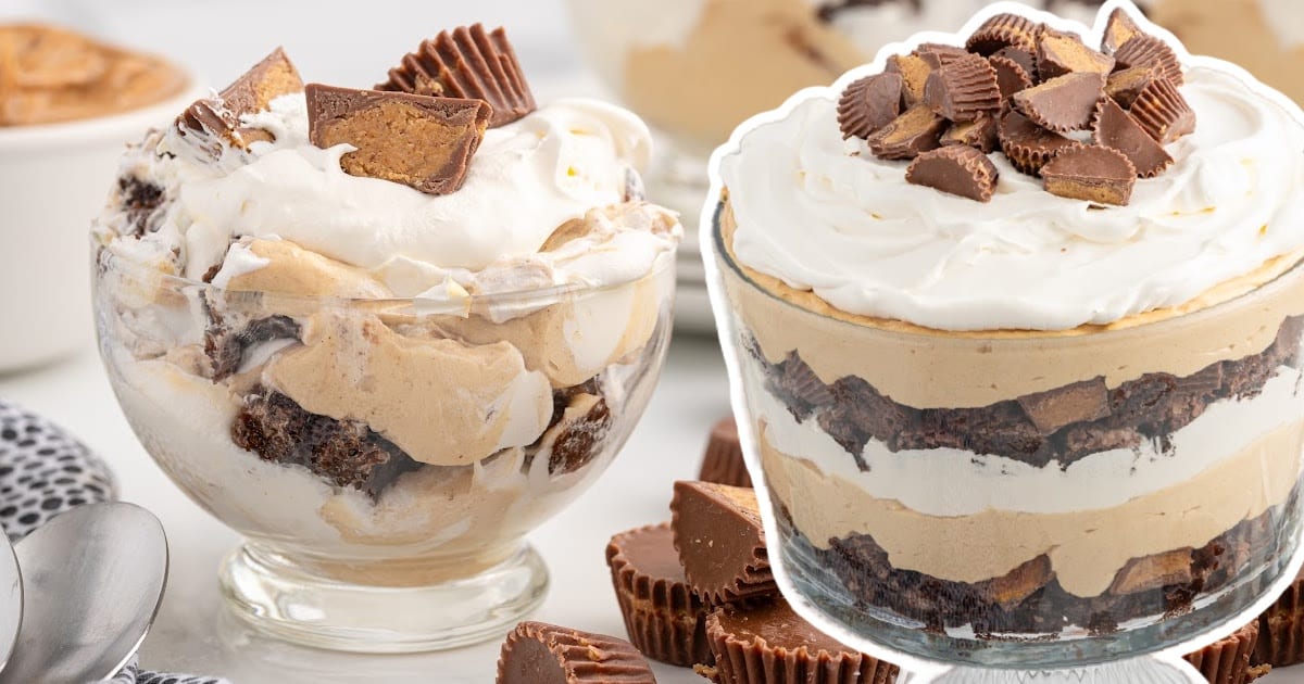 Side-by-side serving bowls of Heaven in a Bowl dessert, showing creamy layers of peanut butter mousse, brownies, whipped topping, and Reese’s cups.