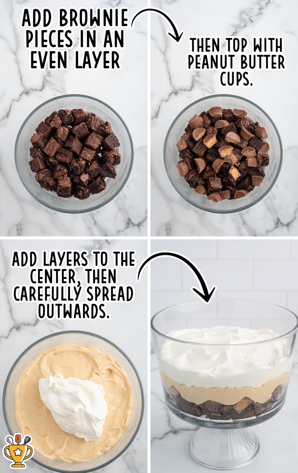 Four-step collage showing the process of layering brownies, peanut butter cups, peanut butter mousse, and whipped topping in a trifle bowl.