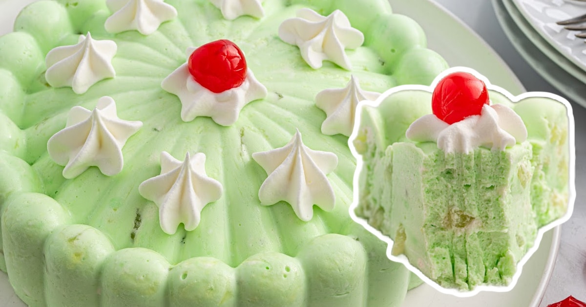 Side-by-side view of a molded seafoam salad and a slice served on a plate, both topped with whipped cream and bright red cherries.