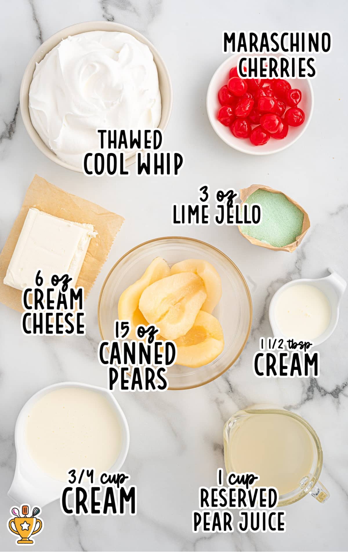 Top-down layout of the recipe ingredients including cream cheese, Cool Whip, lime Jello, canned pears, maraschino cherries, cream, and reserved pear juice, each labeled.