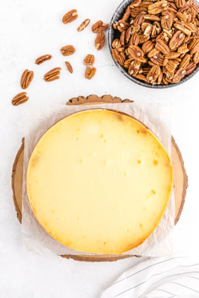 When the cheesecake has cooled completely, cover it with plastic wrap and place it in the refrigerator to chill overnight.