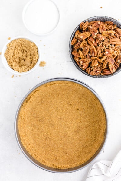 graham cracker crumbs tightly packed into a spring form pan ready to be placed into the freezer