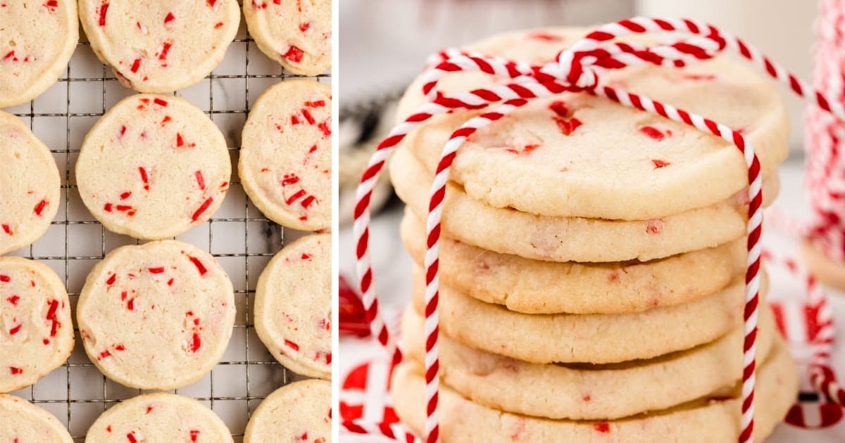 Split image showing peppermint shortbread cookies cooling on a wire rack on the left, and a festive stack of cookies tied with red-and-white baker’s twine on the right.
