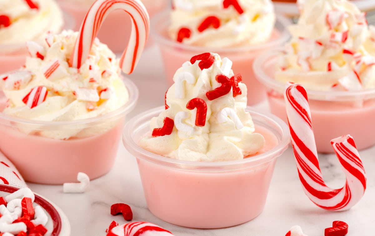 Festive candy cane jello shots in clear cups topped with whipped cream, red and white sprinkles, and mini candy canes, with peppermint schnapps bottle and holiday d&eacute;cor in the background. Very delicious Candy Cane Dessert.