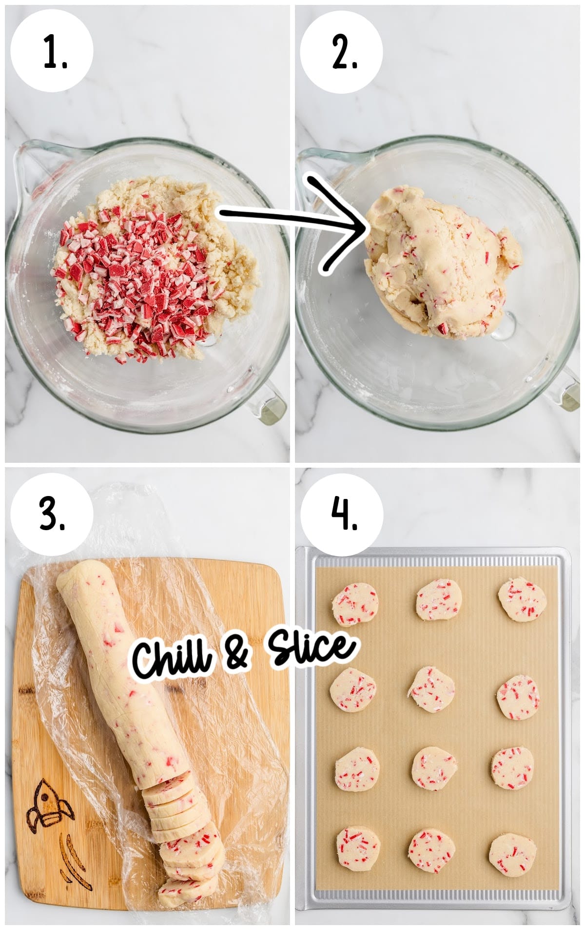 Four-step process collage showing how to make peppermint shortbread cookies — mixing dough with peppermint crunch, forming dough into a ball, wrapping and chilling in a log shape, then slicing rounds and placing them on a baking sheet.