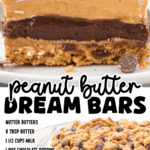 A rich, multi-layered dessert bar on a white plate, topped with crushed Nutter Butters, chocolate chips, and peanut butter chips. The layers from bottom to top include a cookie crumb crust, chocolate pudding layer, peanut butter cream layer, and a thick whipped topping, garnished generously. The lower part of the image lists ingredients for "Peanut Butter Dream Bars" in bold black font. The bottom banner reads, &ldquo;Find more recipes at thebestblogrecipes.com.&rdquo;