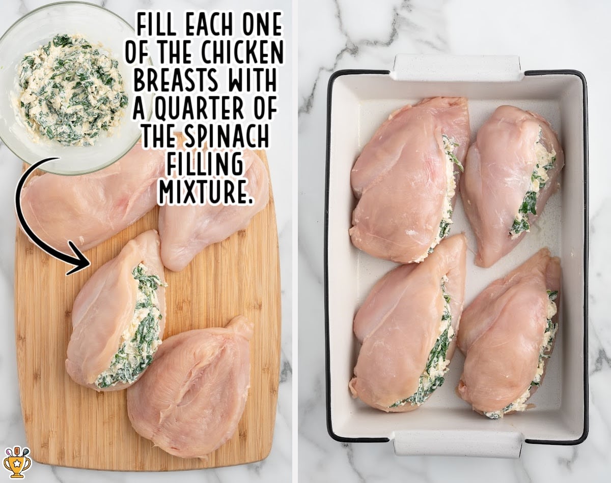 Raw chicken breasts stuffed with creamy spinach mixture placed in a baking dish, ready to bake.