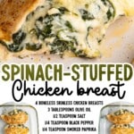 Baked spinach stuffed chicken breasts arranged on a plate with creamy spinach filling visible inside each piece.