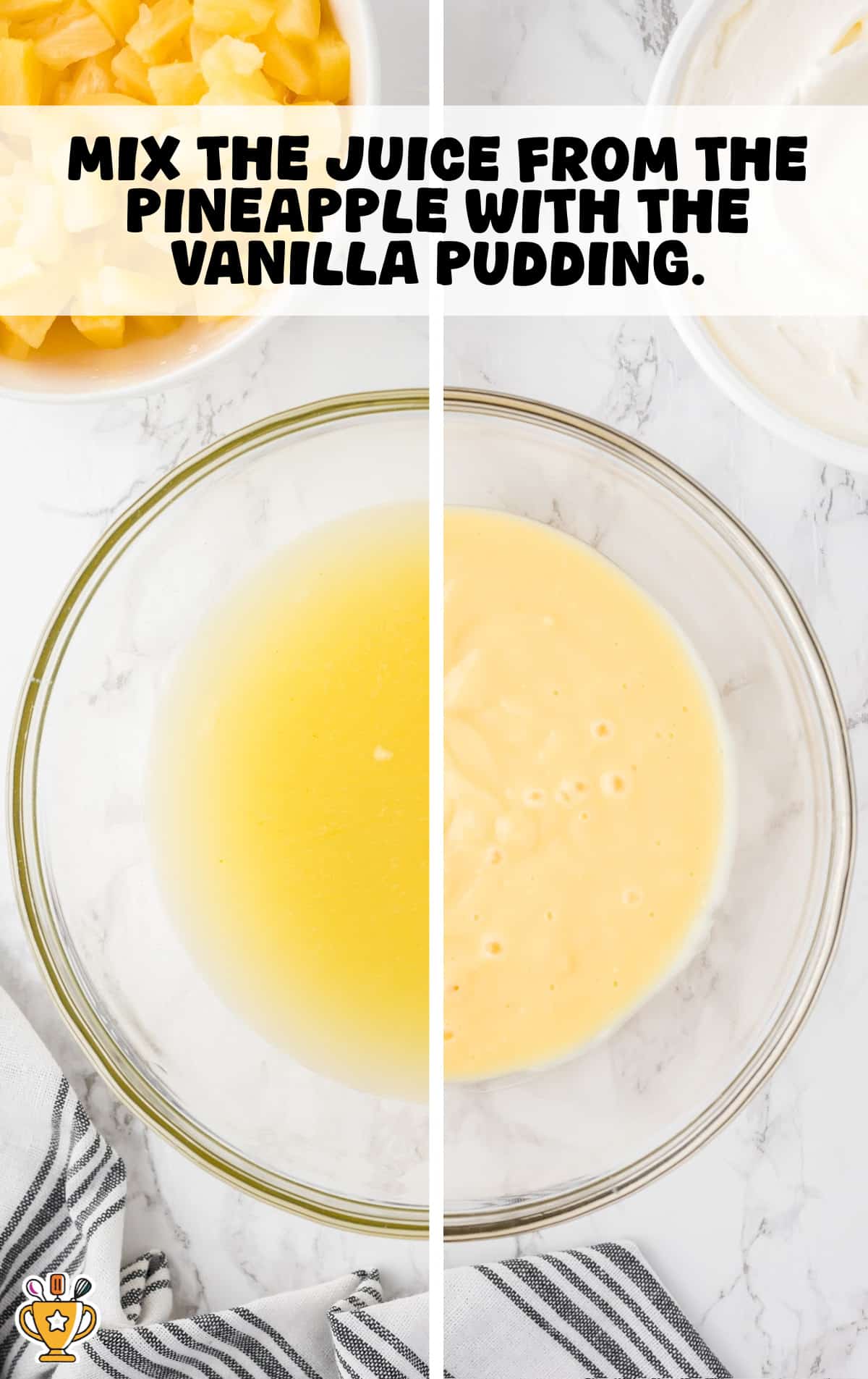 Bowl of pineapple juice being mixed with vanilla pudding for Taffy Apple Salad on a marble countertop with striped napkins.