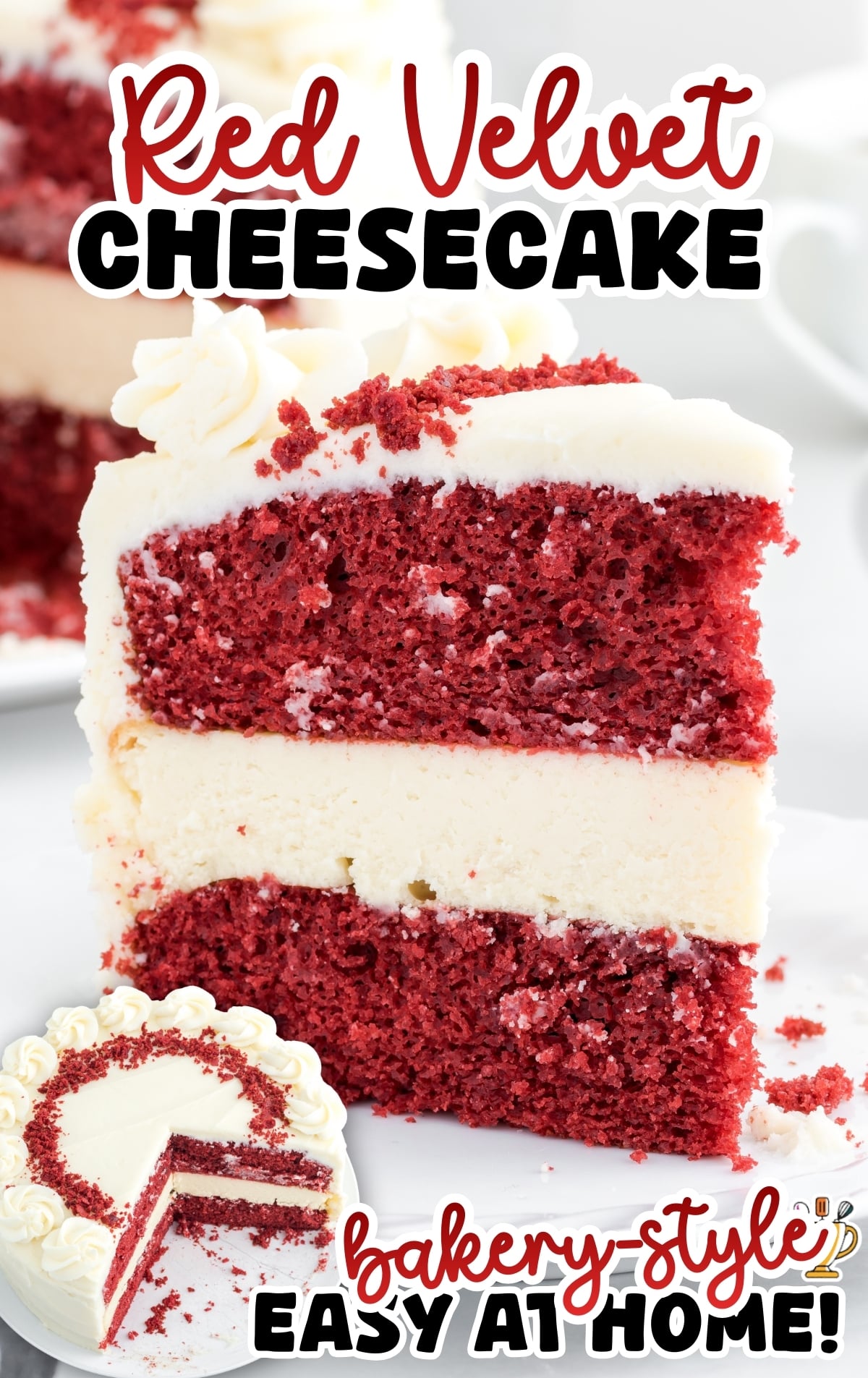 Close-up of a red velvet cheesecake slice showing moist red velvet cake layers with a thick baked cheesecake center and cream cheese frosting, bakery-style dessert made at home