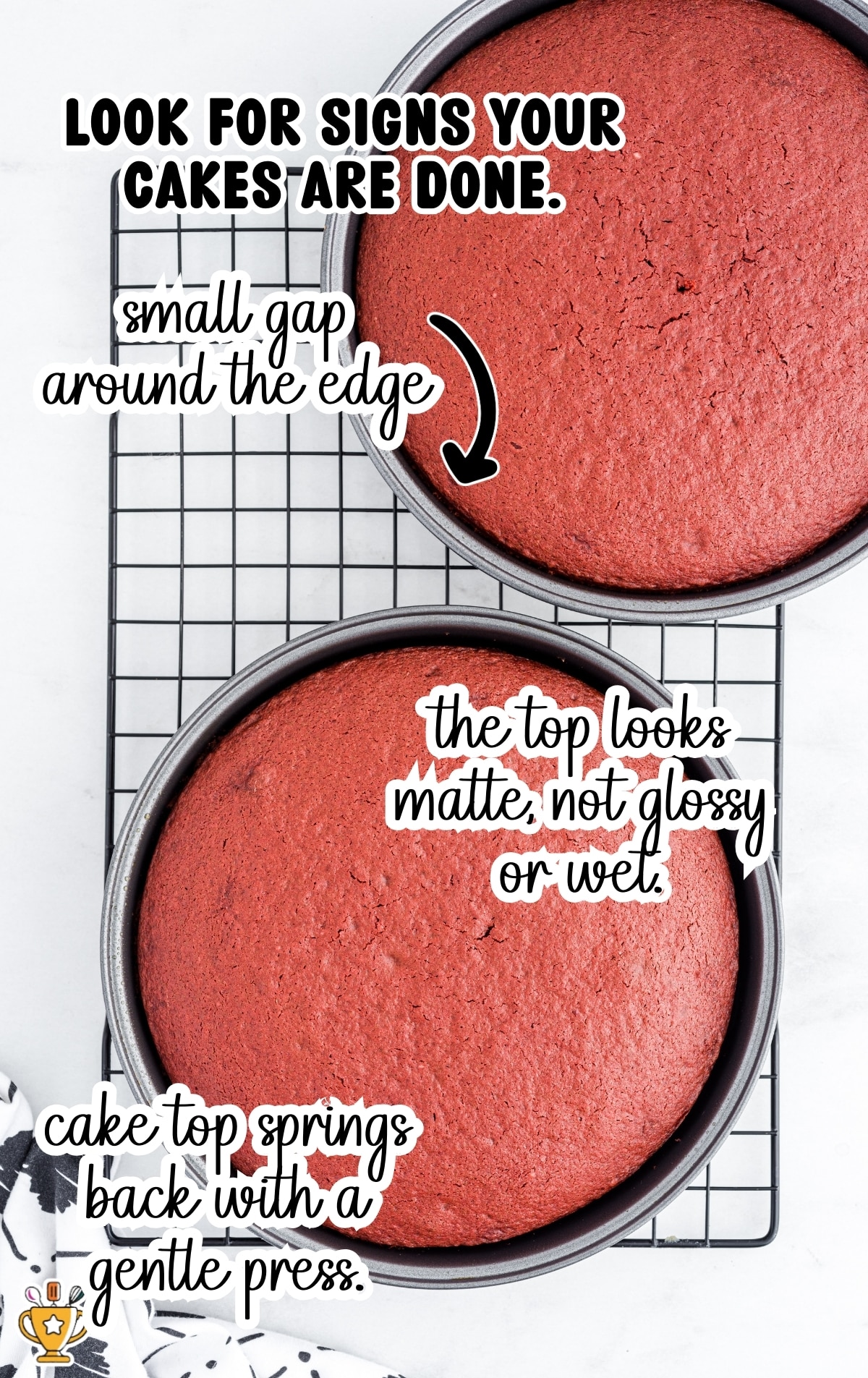 Baked red velvet cake layers in round pans cooling on a wire rack with matte tops and edges pulling slightly from the sides