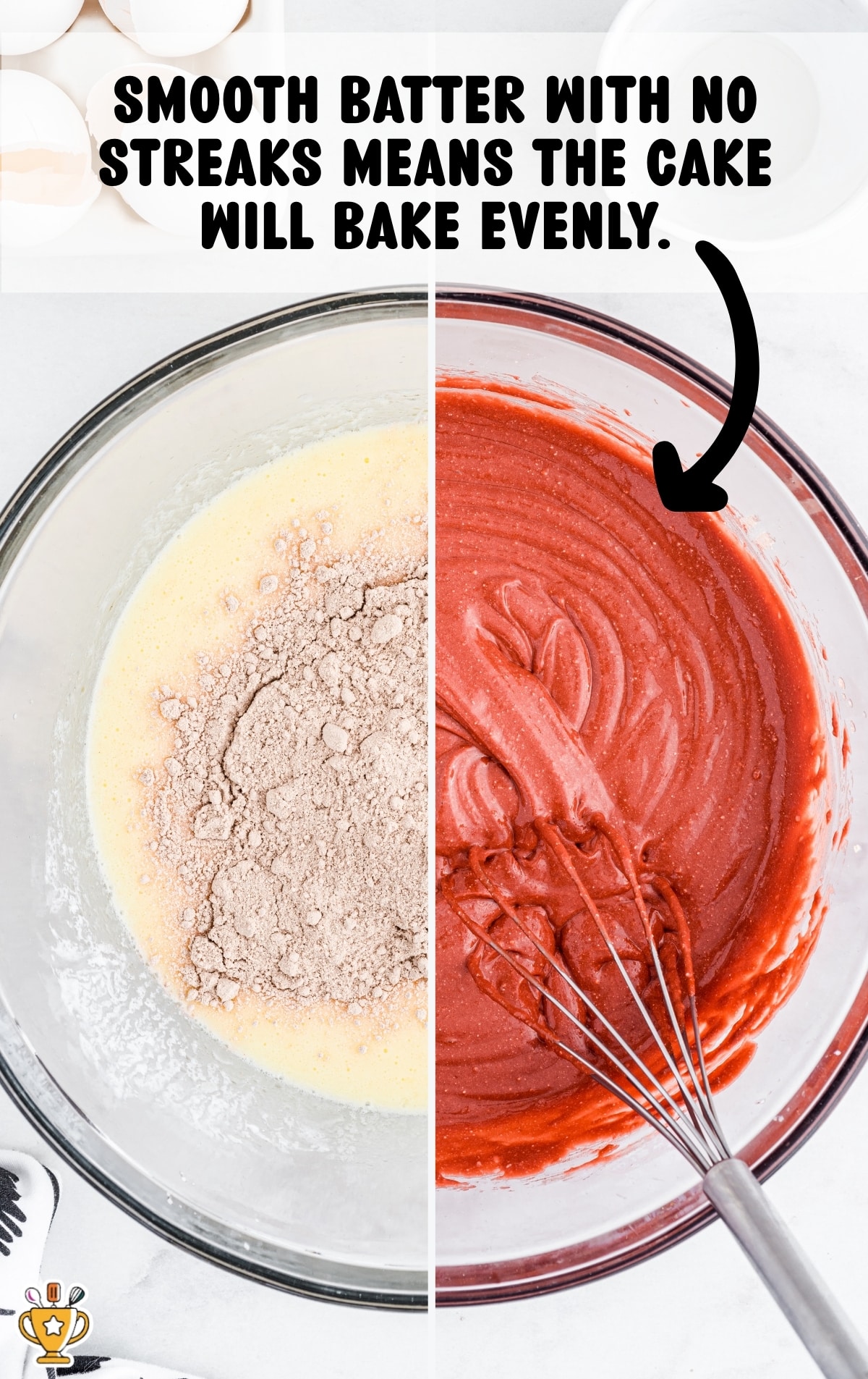 Red velvet cake batter before and after mixing, showing dry ingredients incorporated into a smooth, streak-free batter in a glass bowl