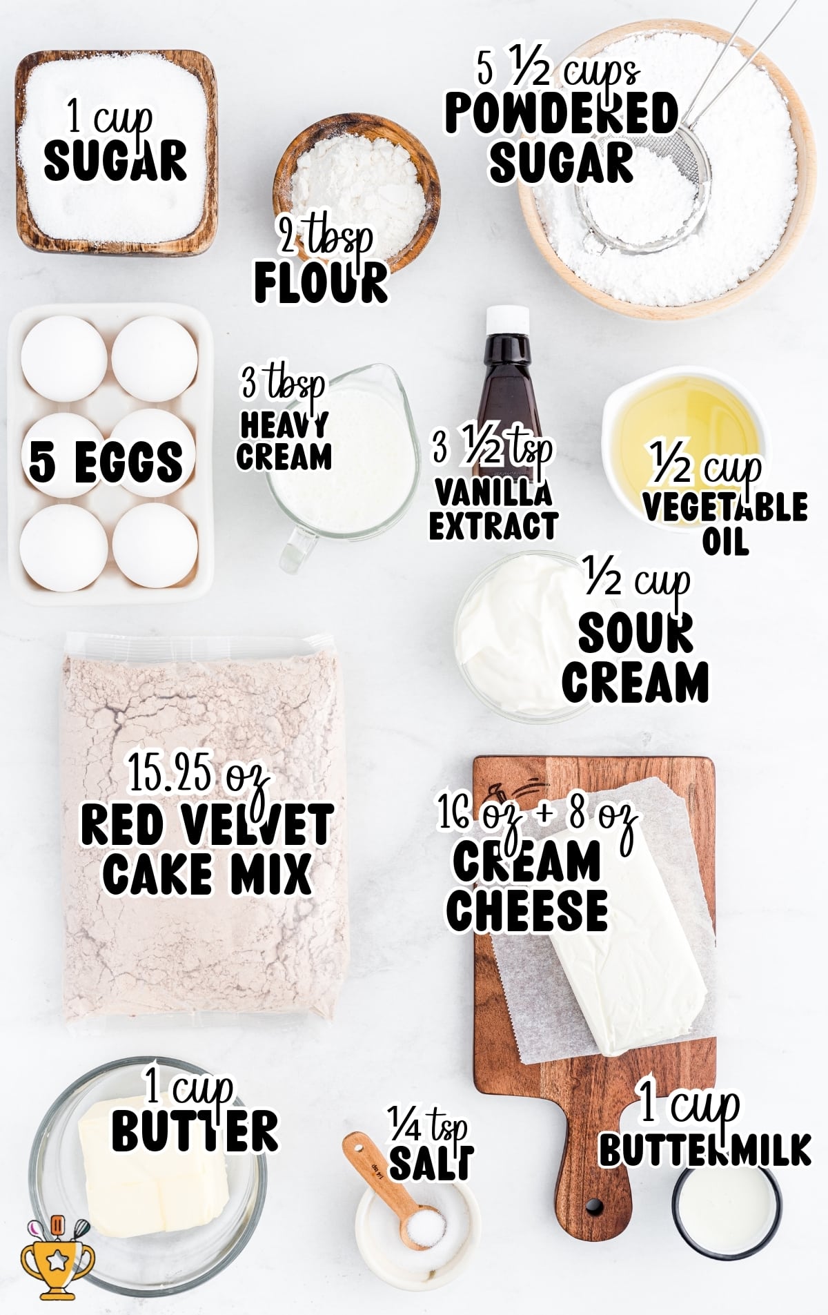 Ingredients for red velvet cheesecake including cake mix, cream cheese, eggs, sugar, butter, sour cream, and buttermilk