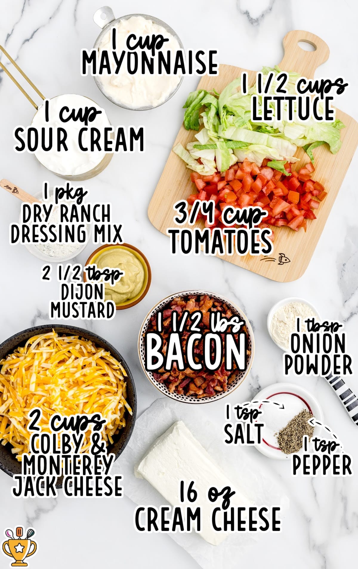 Overhead ingredient layout for BLT dip including cream cheese, sour cream, mayonnaise, ranch seasoning, Dijon mustard, shredded cheese, cooked bacon, lettuce, tomatoes, salt, and pepper.