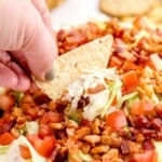 Recipe card image for BLT dip showing finished dip in a bowl with ingredient list and quantities displayed below.