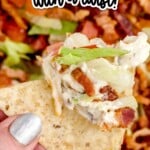 Vertical pin image of easy BLT dip with a cracker scoop in the foreground and a bowl of bacon-loaded dip in the background.