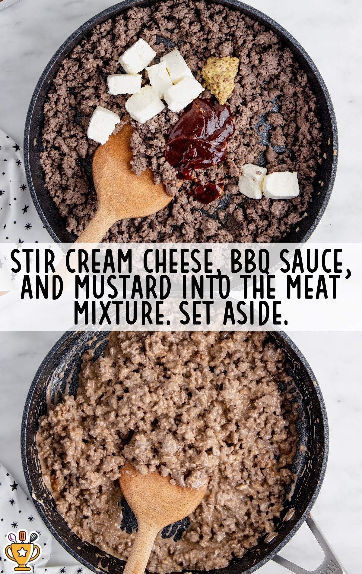 Cream cheese, barbecue sauce, and Dijon mustard being stirred into cooked ground beef in a skillet to create a creamy cheeseburger filling.