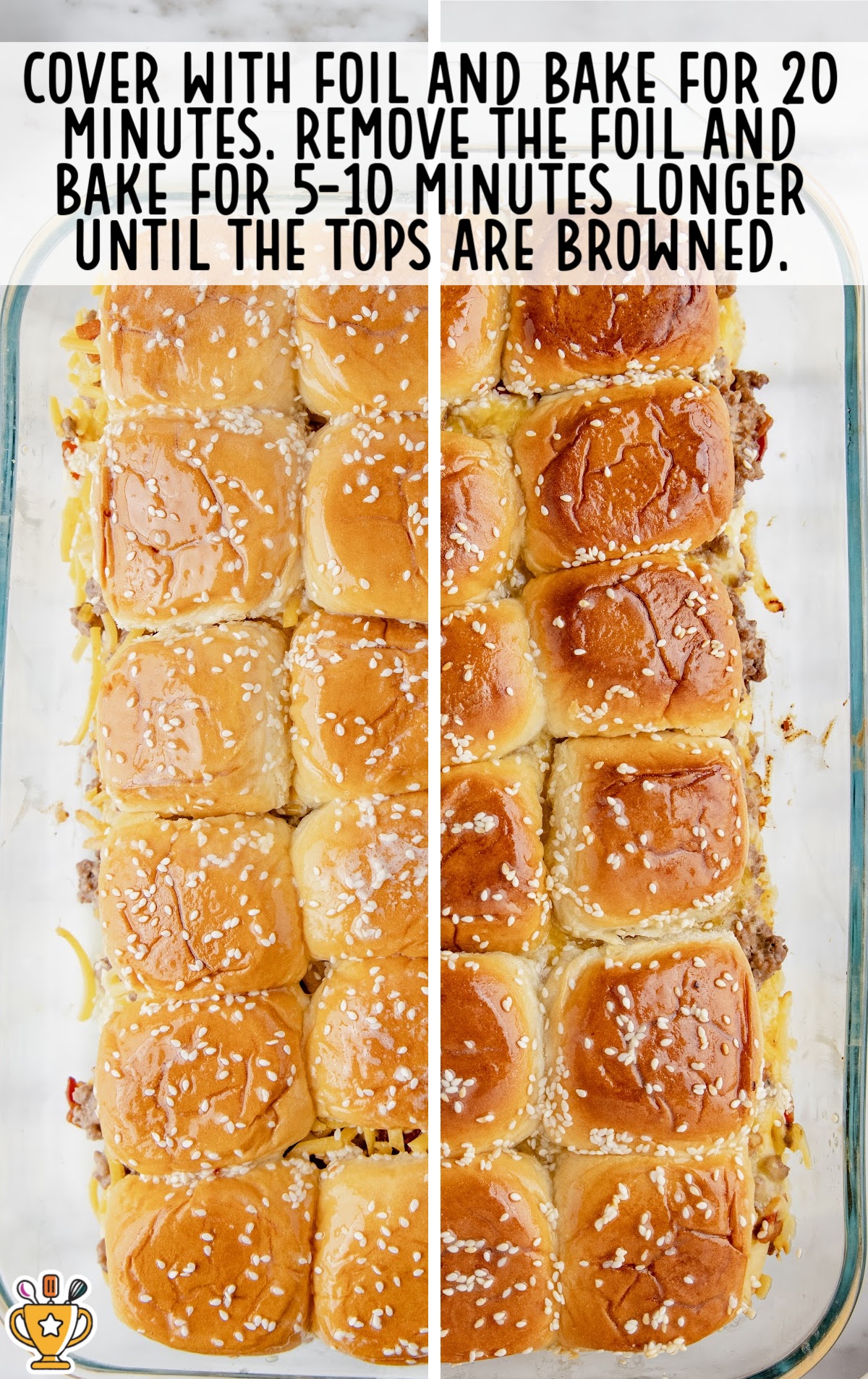Side-by-side view of bacon cheeseburger sliders baked covered and then uncovered, showing the rolls lightly golden under foil and browned on top after finishing in the oven.