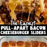 Bacon cheeseburger sliders served on a white plate with melted cheese, crispy bacon, and seasoned ground beef on soft slider buns, with fries in the background.