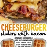 Bacon cheeseburger sliders baked in a glass dish, topped with golden brown sesame slider buns and pulled apart to show the cheesy beef and bacon filling.