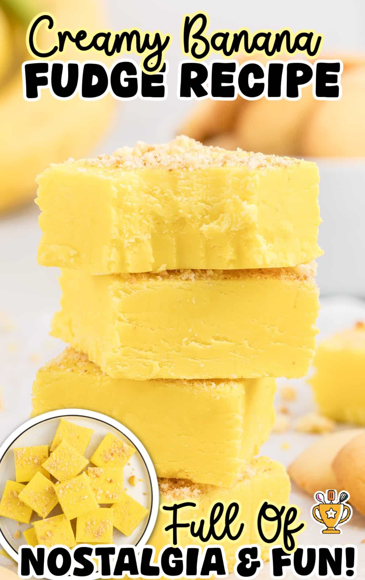 Thick slices of banana fudge stacked high, highlighting the smooth, melt-in-your-mouth texture and pale yellow color.