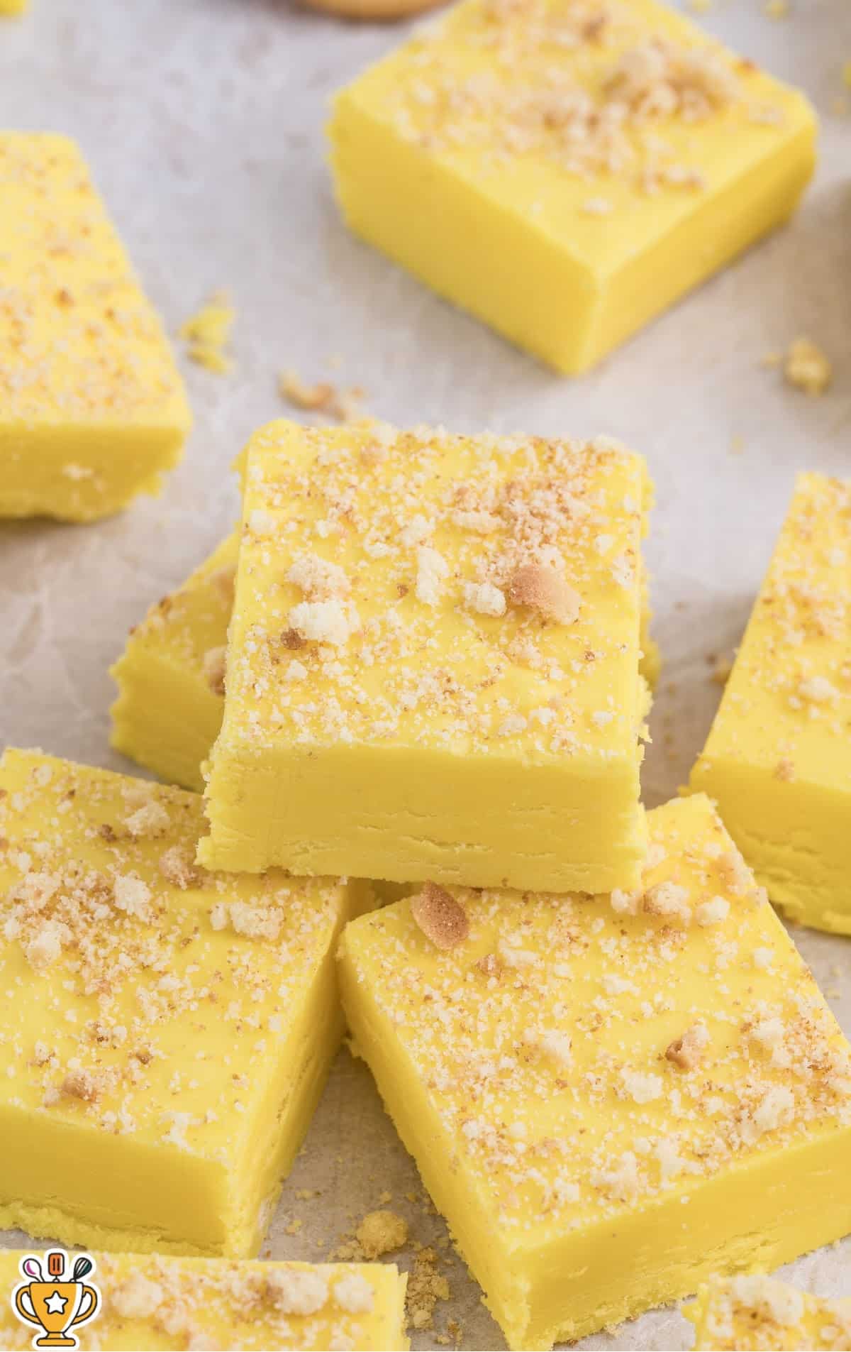 Close-up of bakery-style banana fudge squares with a creamy center and vanilla wafer crumb topping.