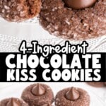 Chocolate kiss cookies on a glass plate with coarse sugar coating, featuring text that reads “4-Ingredient Chocolate Kiss Cookies.”