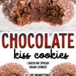 Chocolate kiss cookies rolled in coarse sugar and topped with Hershey’s Kisses, displayed on a glass plate with text reading “Playful treat topped with a yummy Hershey’s Kiss.”