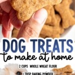 A Pinterest graphic showing a hand holding a single bone-shaped dog treat in the foreground, with a blurred bowl of treats behind it. Large text reads “DOG TREATS to make at home.” Below, ingredient text lists: “2 cups whole wheat flour,” “1 tbsp baking powder,” “1 cup peanut butter,” “1 tbsp molasses,” and “1 cup milk.” A small dog and jar of treats appear near the bottom.