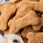 A Pinterest-style vertical graphic featuring a pile of golden-brown bone-shaped dog treats with a small dog biting one at the bottom. Bold colorful text reads “Homemade DOG TREATS with just 5 ingredients!” Additional text states “YOUR DOG WILL BE waggin’ its tail for more!” with playful arrow and paw graphics.