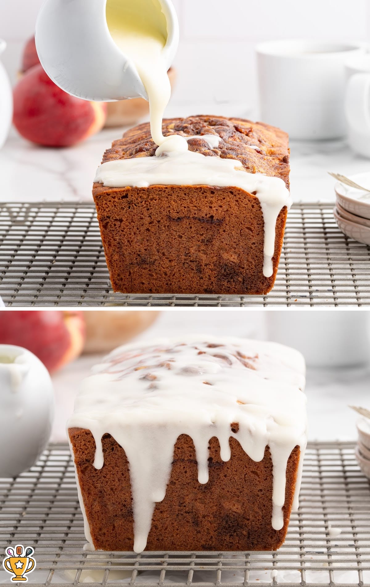 drizzling glaze over freshly baked apple fritter bread
