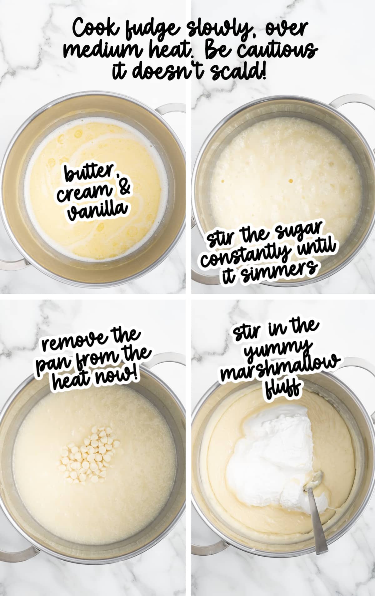 Granulated sugar being stirred into a melted mixture of butter, half-and-half, heavy cream, and vanilla in a saucepan, showing the sugar dissolving as the mixture heats for banana fudge, the white chocolate melted into the mixture, and the marshmallow fluff stirred in.