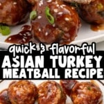 Close-up of Asian turkey meatballs with one cut open to show a moist, tender interior, glazed in a sticky sauce and topped with sesame seeds and sliced green onions.