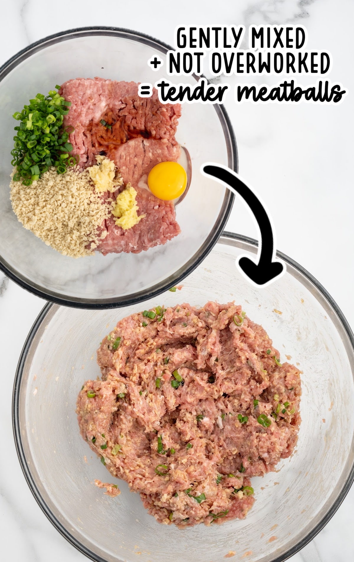 Overhead photo of ground turkey meatball ingredients in a glass bowl, followed by the mixture gently combined until just mixed, with text overlay reading “Gently mixed + not overworked = tender meatballs.”