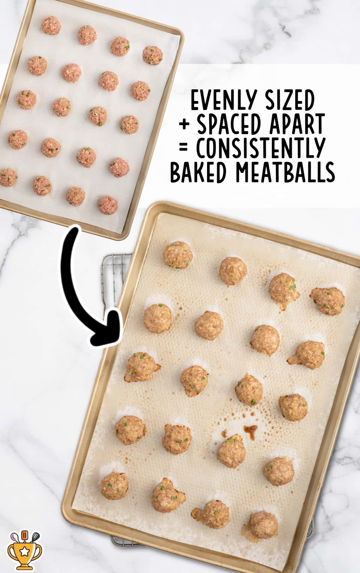 Overhead image of evenly sized raw turkey meatballs spaced apart on a parchment-lined baking sheet before baking, with text overlay reading “Evenly sized + spaced apart = consistently baked meatballs.”