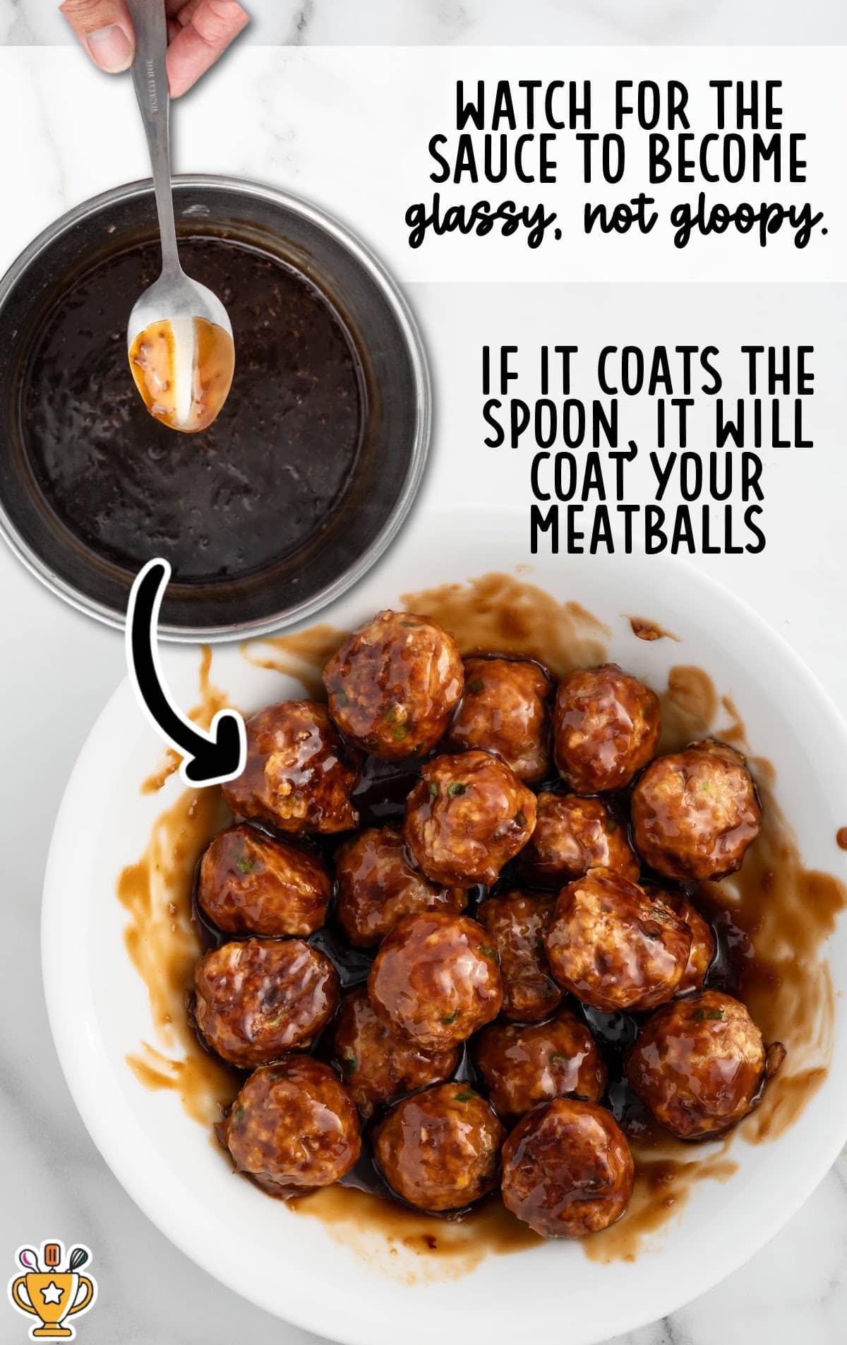 Overhead photo showing a soy hoisin sauce coating the back of a spoon and finished Asian turkey meatballs tossed in the glossy sauce on a white plate, with text overlay explaining the sauce should be glossy, not gloopy, and able to coat the meatballs.