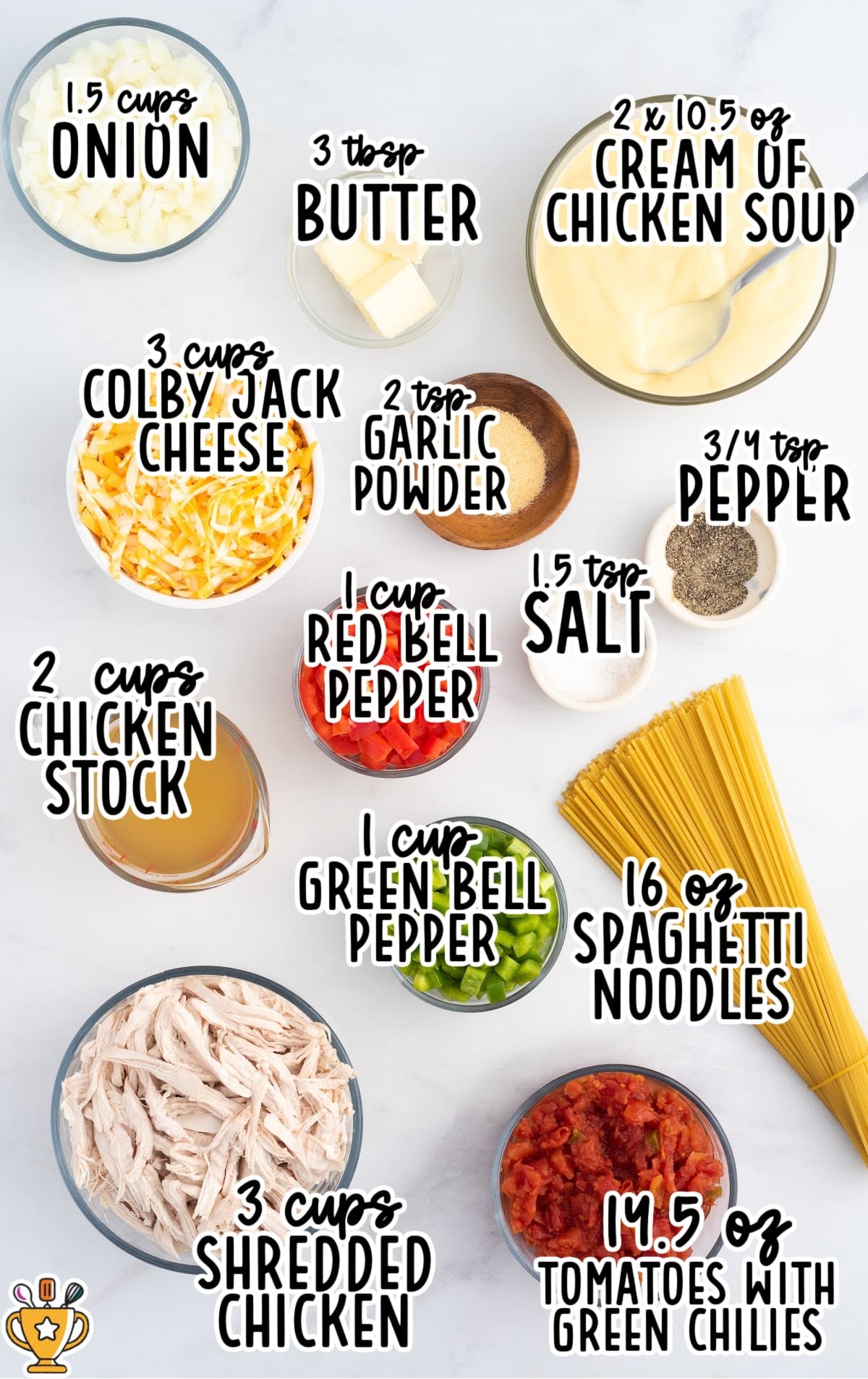 Flat lay of labeled baked chicken spaghetti ingredients in bowls, including shredded chicken, spaghetti noodles, cream of chicken soup, cheese, peppers, onion, stock, butter, and seasonings.