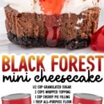 Single Black Forest mini cheesecake unwrapped in a white paper liner, showing layers of chocolate crust, chocolate cheesecake, whipped topping, and cherry pie filling. The cherries cascade down the center for a dramatic effect. The background shows additional mini cheesecakes slightly out of focus.