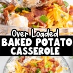 Close-up of loaded baked potato salad showing creamy dressing coating tender potato chunks with melted cheese, bacon, and green onions.